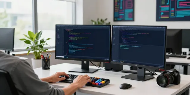 Developer optimizing instant indexing on dual monitors in a modern tech workspace.