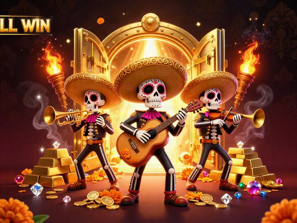 Experience the excitement of LL WIN with vibrant casino-themed 3D illustration featuring mariachi band and treasures.