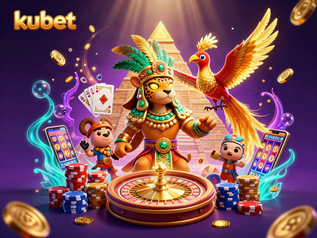 Kubet gameplay scene featuring a Mayan jaguar priest and quetzal bird among casino elements like roulette and coins.