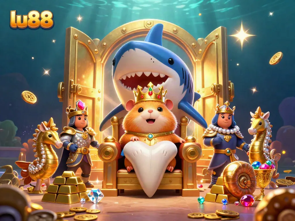 lu88 promotes excitement with cartoon characters celebrating a treasure-filled casino scene.