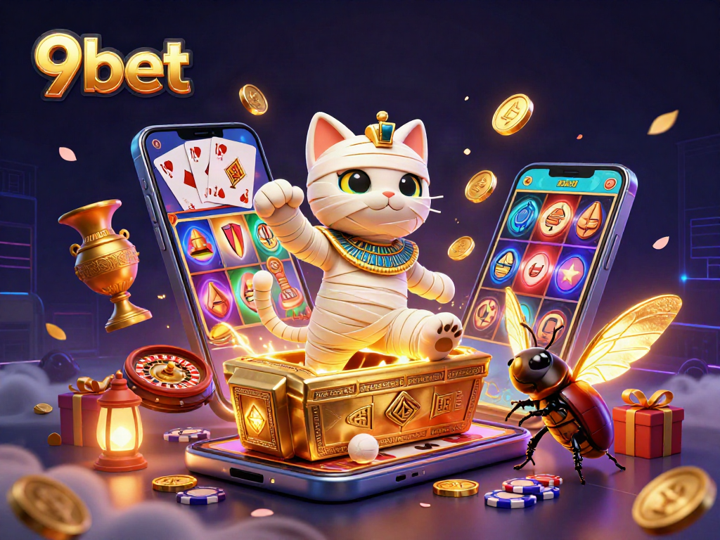 Experience the thrill of winning at 9bet with cartoon characters bursting from a pyramid casino.