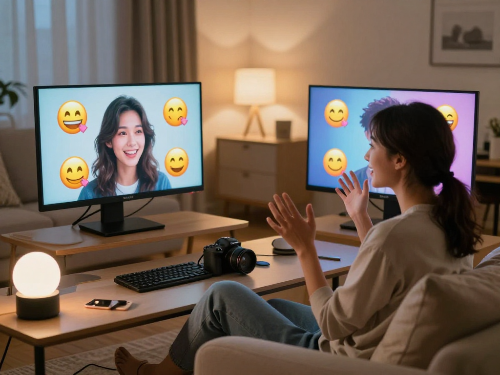 Couple enjoying an ai sex chat session, engaged in playful conversation with AI avatars.
