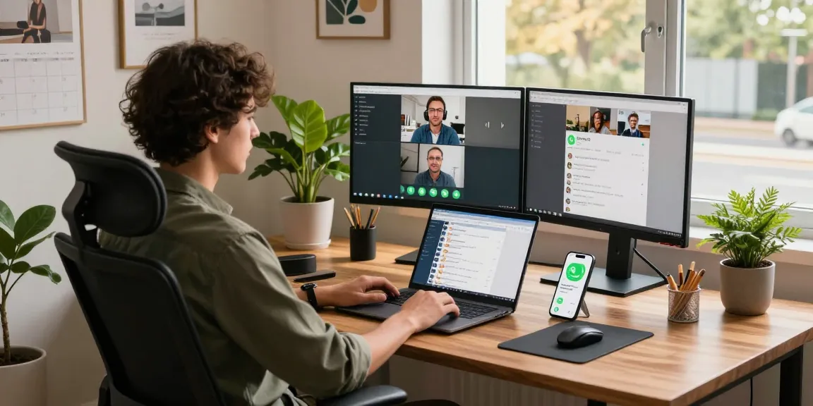 User engaged with WhatsApp電腦版 in a modern office workspace