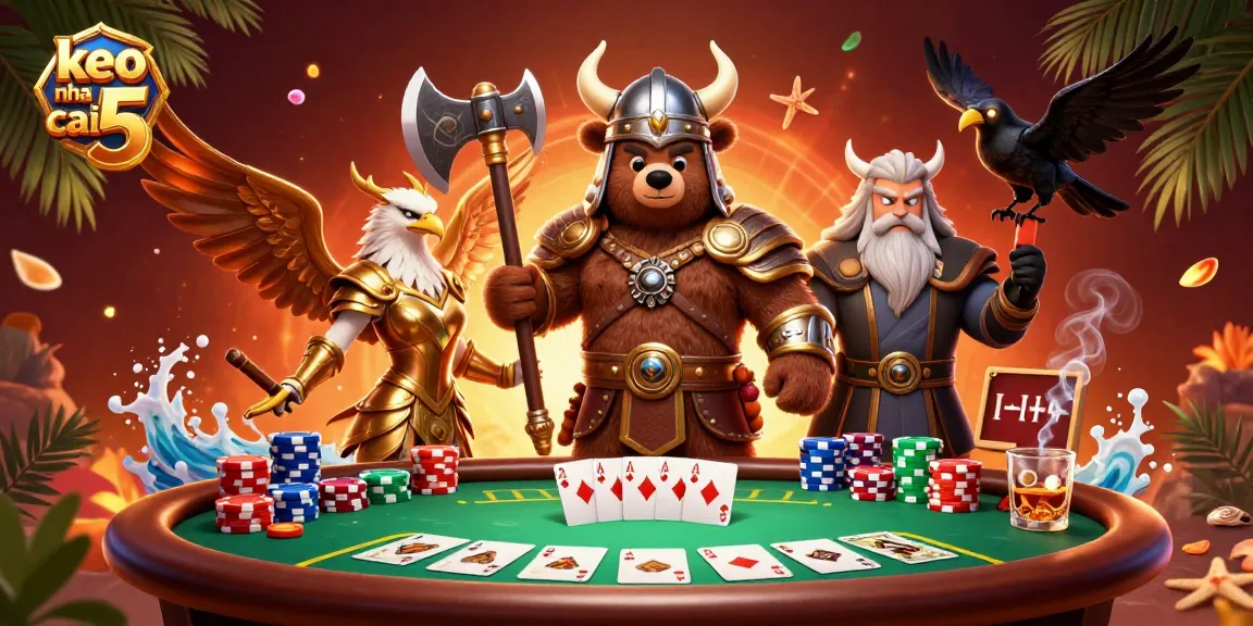 Engage with keo nha cai 5 as a Viking bear and Valkyrie eagle dominate a vibrant poker scene.