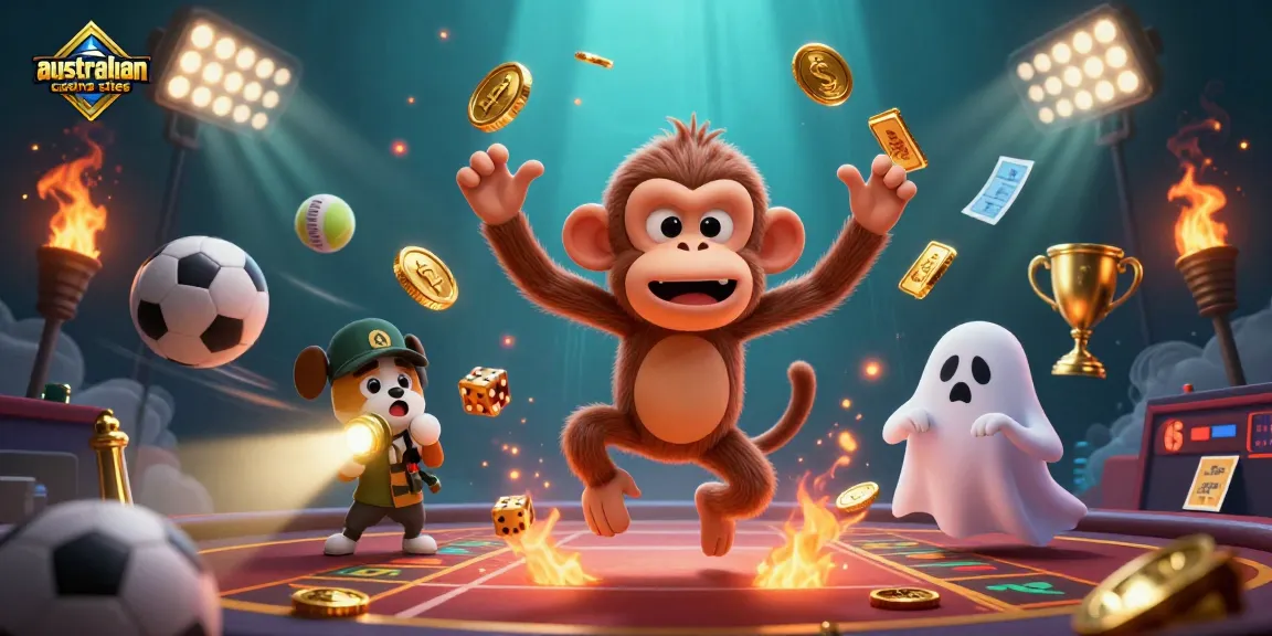 Experience thrilling australian casino sites with a playful invisible monkey juggling gold while a curious puppy tracks it.