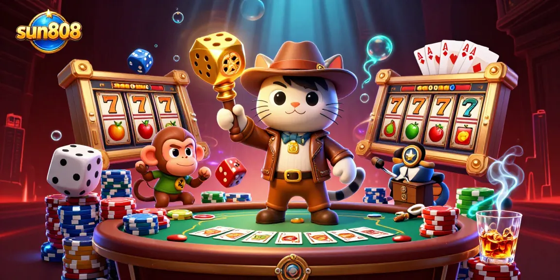 Play exciting games at sun808 with a vibrant 3D cat explorer discovering golden artifacts and thrilling slots.