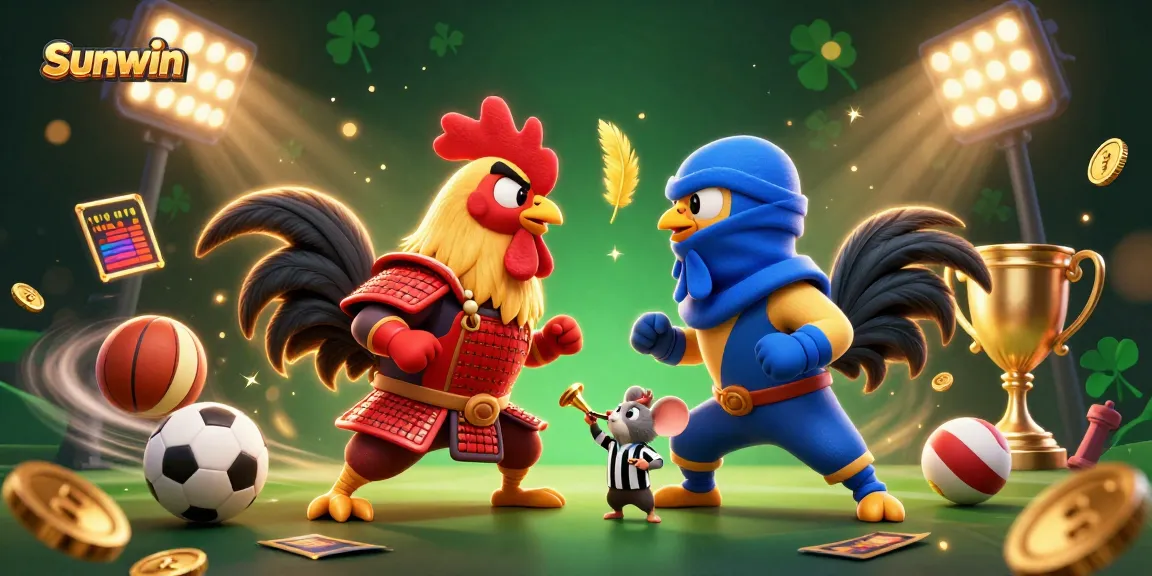 Sunwin players engage in thrilling sports betting action, set in a dynamic 3D illustration of cartoon fighting roosters.