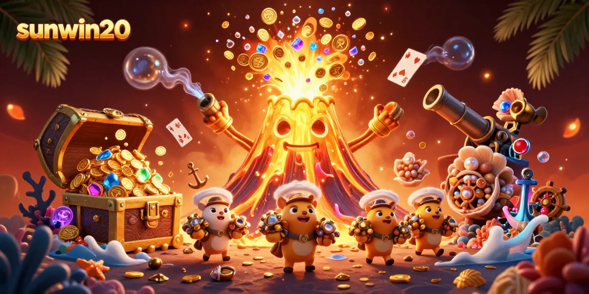 Feel the thrill of winning with sunwin20 as treasures erupt from a magical volcano in this vibrant casino scene.