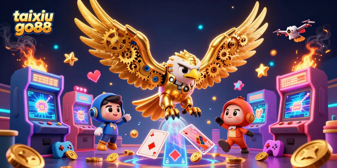 Tai xiu go88 showcases a cybernetic eagle soaring among holographic cards, vibrant arcade elements, and glowing visuals.