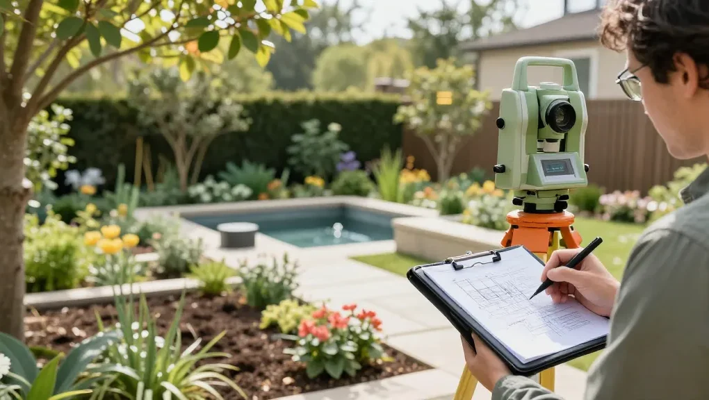 Garden land survey with a landscape architect measuring a residential plot.