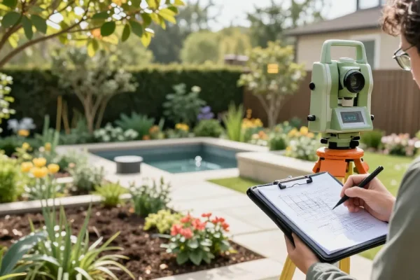 Garden land survey with a landscape architect measuring a residential plot.