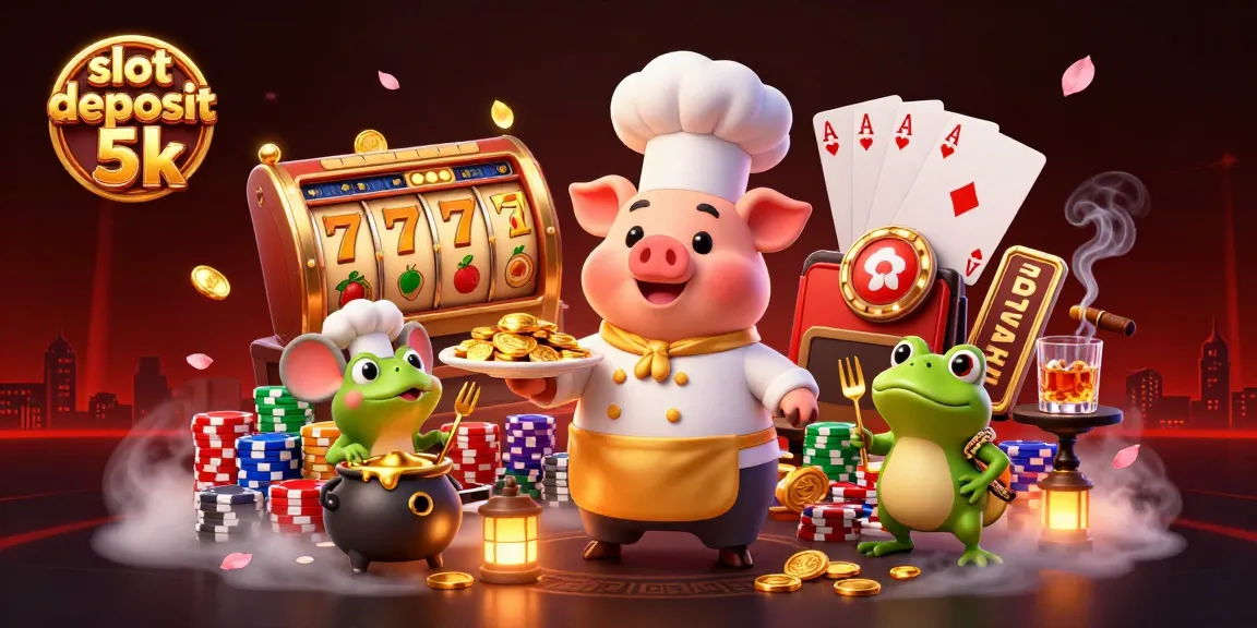 Experience the thrill of slot deposit 5k with an exciting 3D scene featuring playful characters and vibrant casino elements.