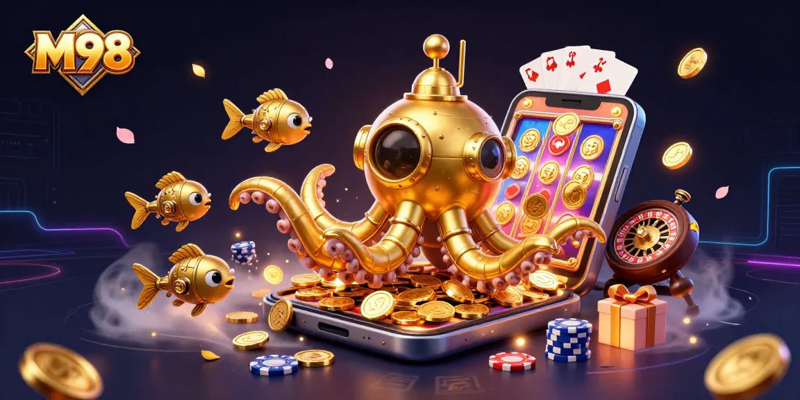 M98 immerses players in a casino adventure with a kraken submarine and vibrant slot game elements.